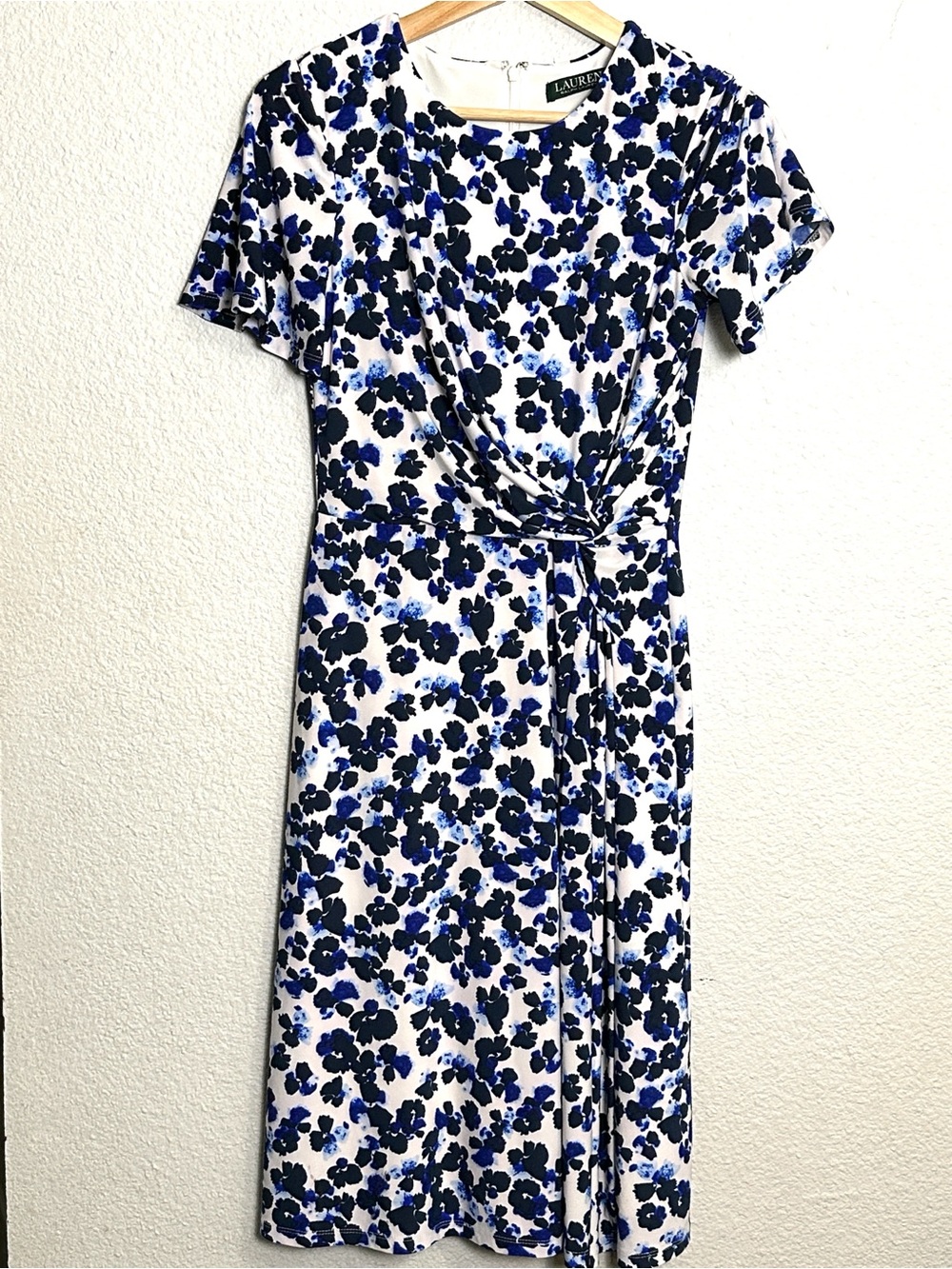 Lauren Ralph Lauren White Midi Dress with Blue and Black Floral Print